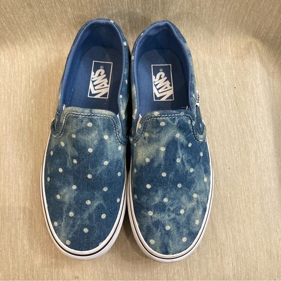 VANS OFF THE WALL Sz 8 Asher Denim Moonlight White Polka Dots Slip On Shoes - Picture 2 of 10